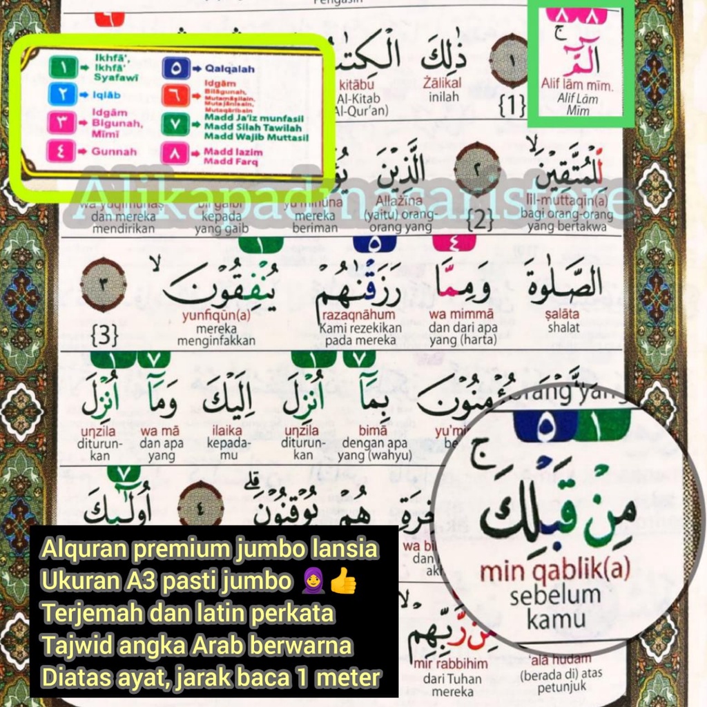 AlQuran A3 Lansia Jumbo Tajwid Warna angka Arab Terjemah dan Latin Perkata Solusi Penglihatan anda
