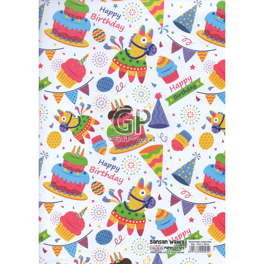 ( 5 Lembar ) JUMBO BDAY SANWA - KERTAS KADO BIRTHDAY SANWA - GIFT WRAP PAPER SANSAN WAWA UNICORN HAPPY BIRTHDAY ULANG TAHUN BALON GOLD EMAS RAINBOW