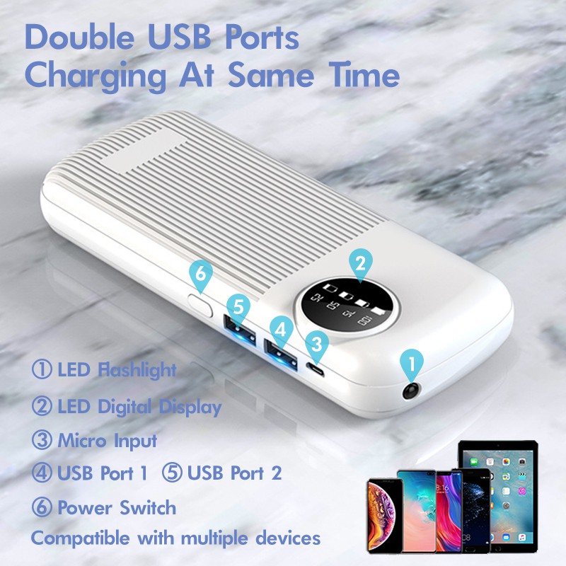 Portable Power Bank 20000mAh 2A Real Capacity Quick Charge Dual Port LED Display