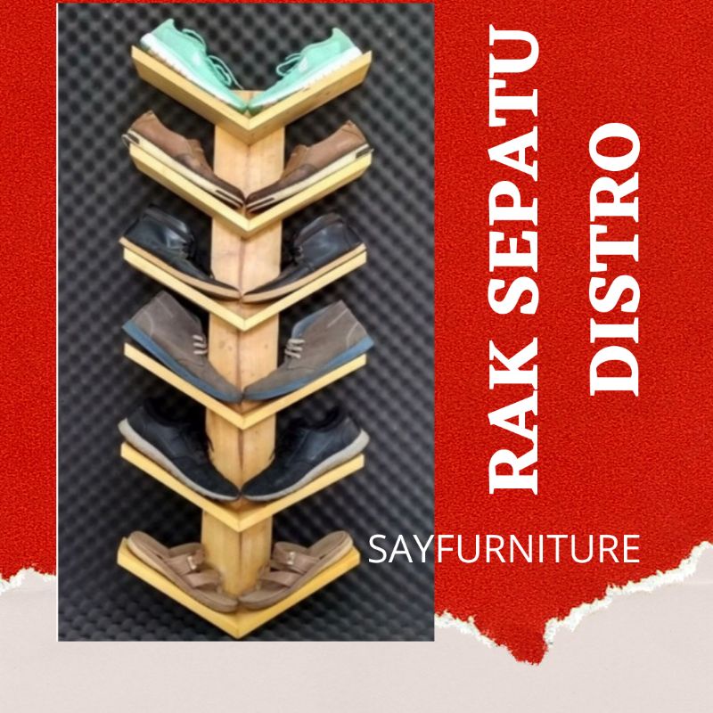 rak sepatu gantung kayu, rak dinding kayu, rak sepatu distro, rak displey sepatu, guninco sepatu