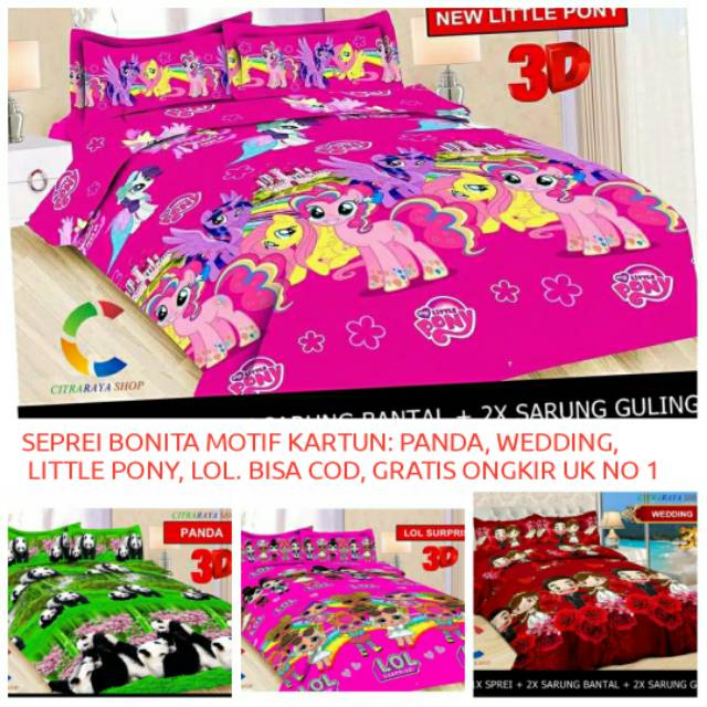 Seprei Bonita LOL / panda/ wedding/ little pony UK 180 x 200/ seprei Bonita king murah