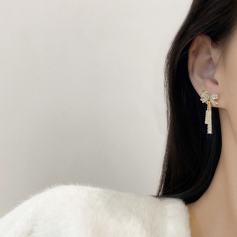 Anting Tusuk Gantung Sterling silver 925 Desain Pita + Rumbai Hias Berlian Untuk Wanita