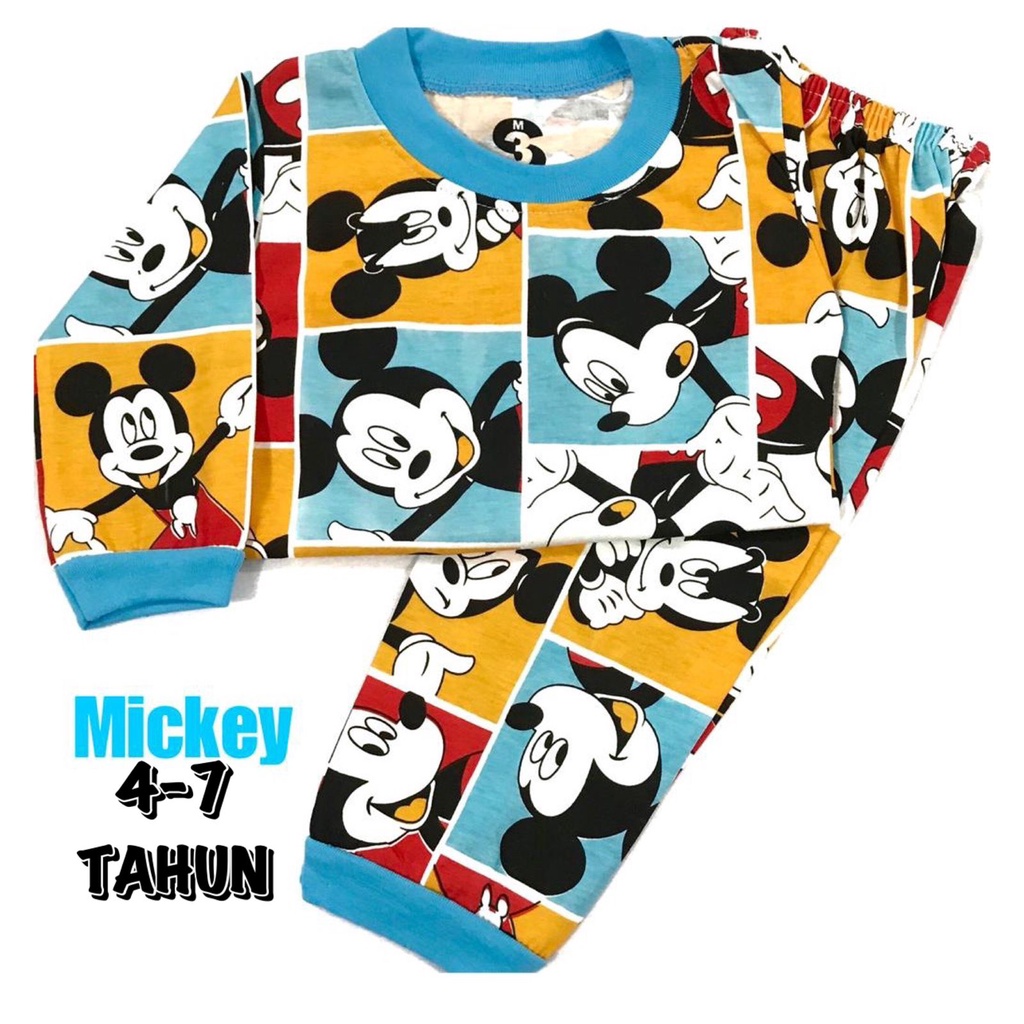 (1 KG MUAT 6 STEL) BAJU TIDUR ANAK KIDS LAKI-LAKI/COWOK PEREMPUAN/CEWEK SETELAN/STELAN BAHAN KAOS KATUN 4-7 TAHUN MIC KEY MOUSE