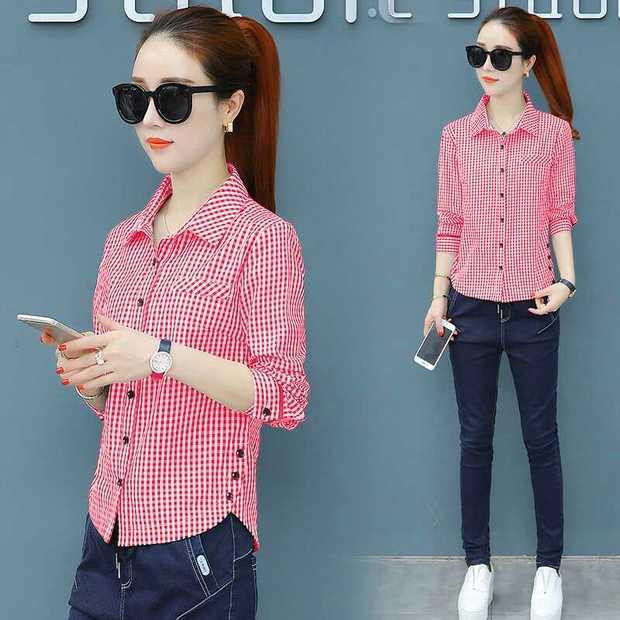 Kemeja Wanita Lengan Panjang Slim Motif Kotak-kotak Gaya Korea Terbaru Import Murah