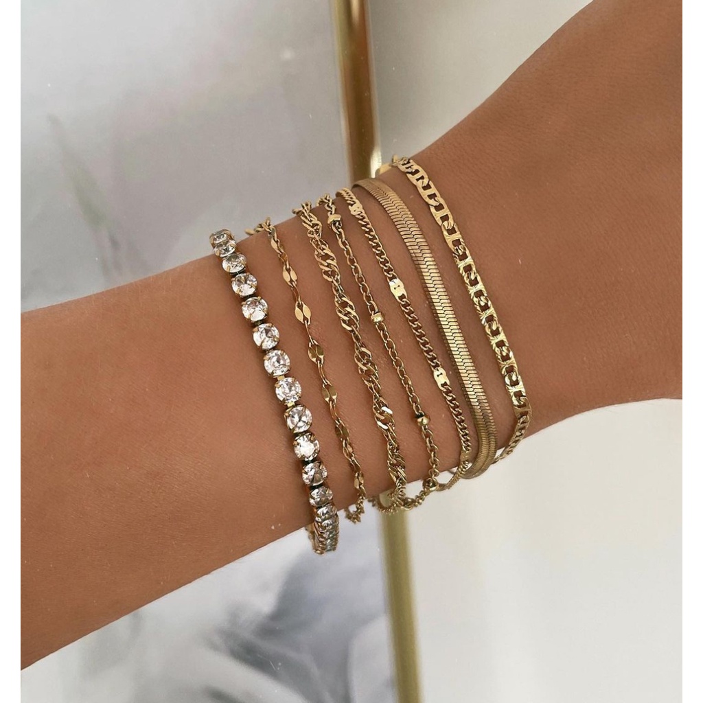 7pcsset Gelang Rantai Ular Emas Hias Berlian Imitasi Gaya Vintagemewah Untuk Wanita