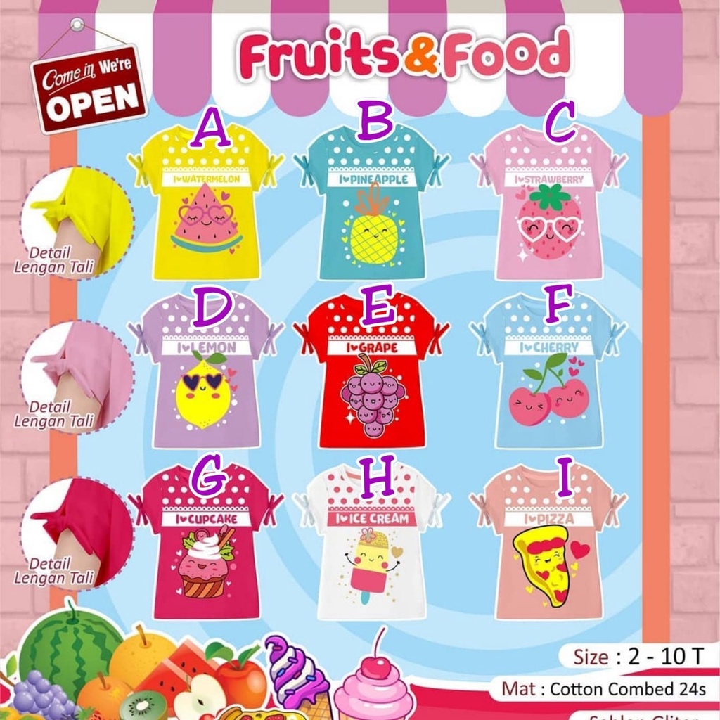 KAOS ANAK PEREMPUAN FRUITS &amp; FOOD 2-10 TAHUN