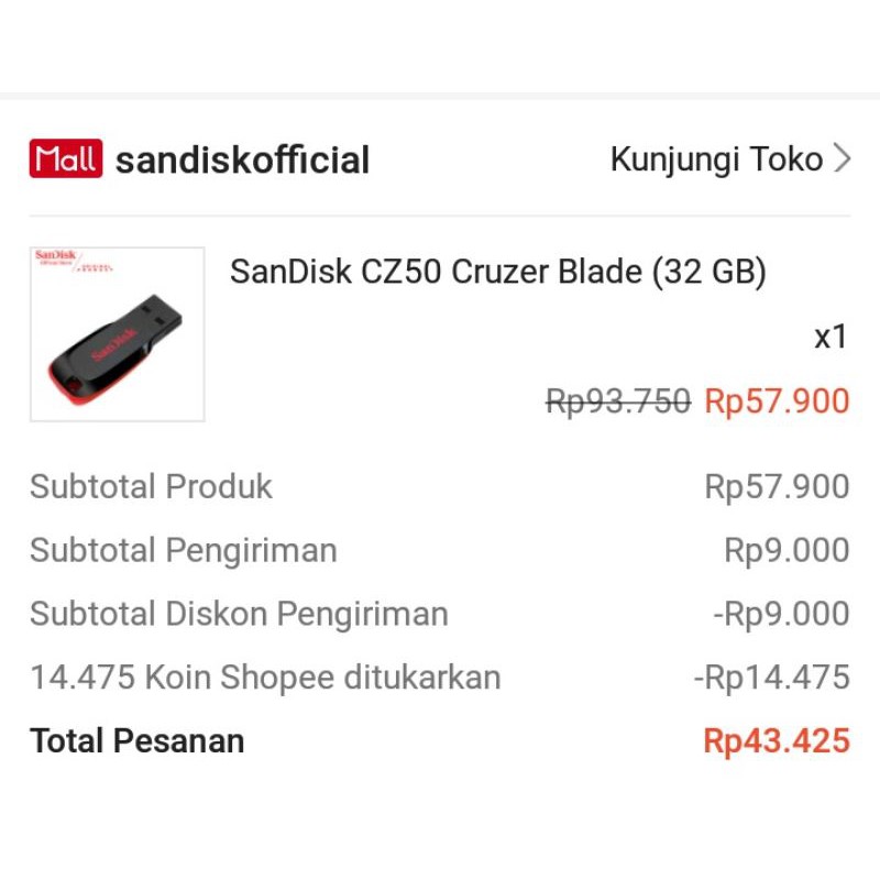 [ORIGINAL OFFICIAL] Flash disk SanDisk CZ50 Cruzer Blade 32 GB USB