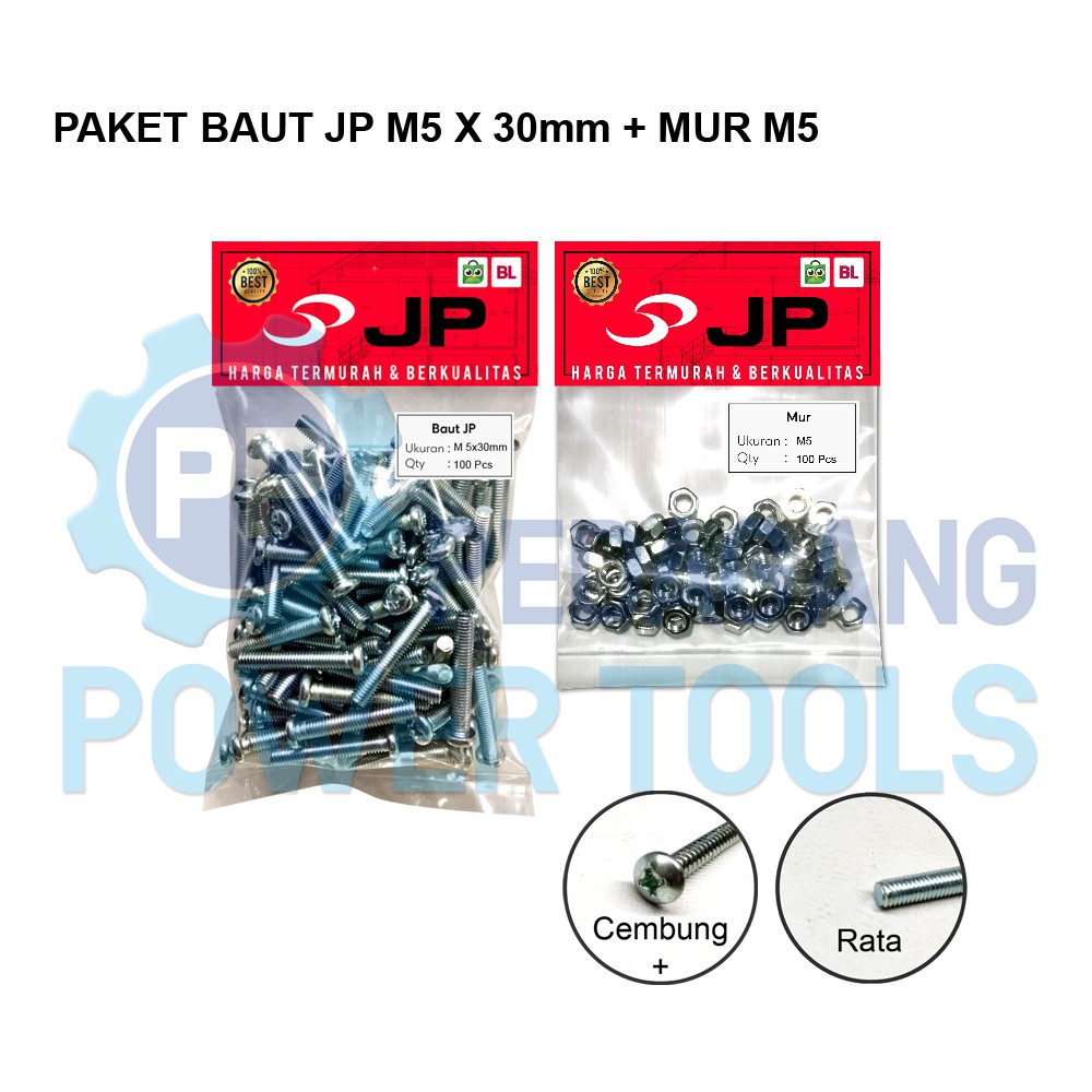 PAKET 2 SET BAUT MUR 5x30 BAUT JP M 5 x 30 MM MUR M5 SKRUP ISI 100 PCS