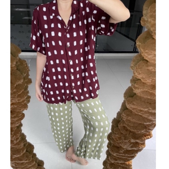 Slipa Wear MARION long pants set - maroon red mint green hijau piyama rayon soft premium kancing dep