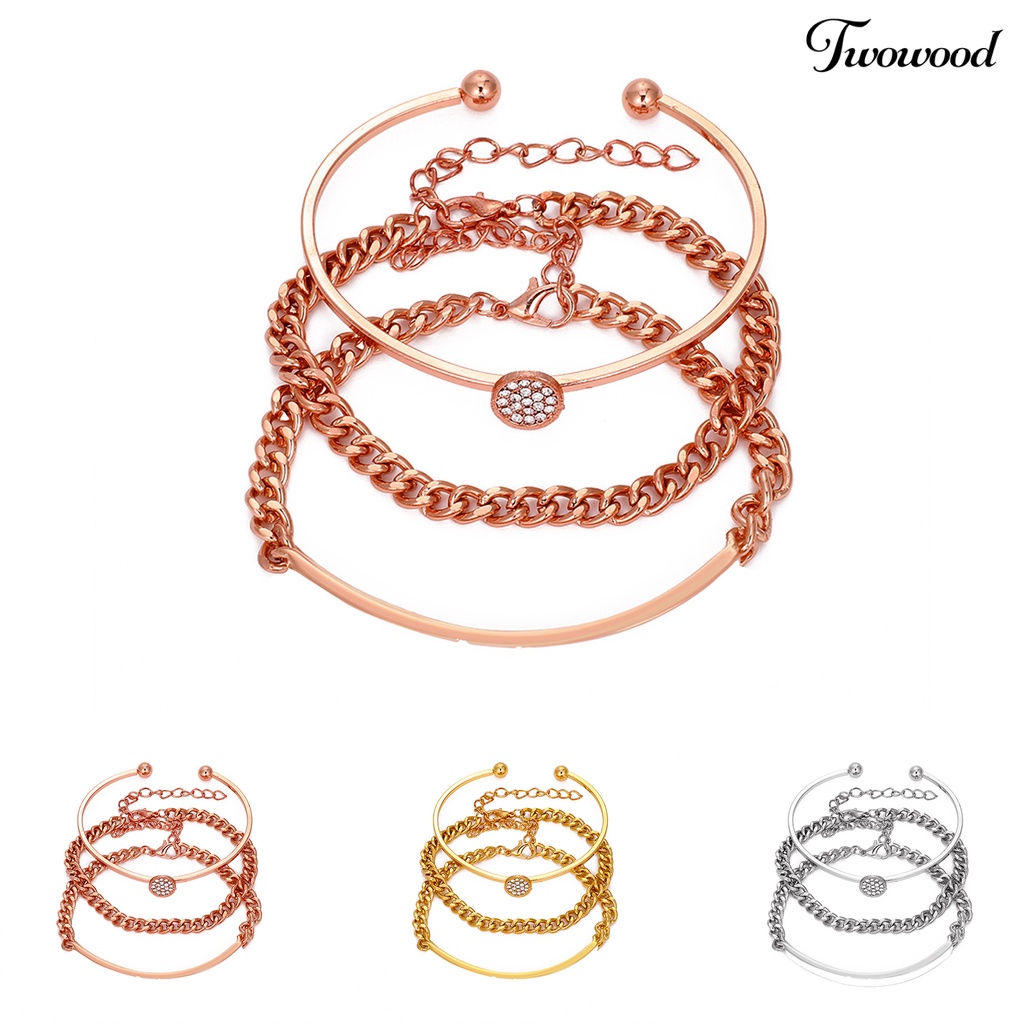 Twowood 3Pcs/Set Cubic Zirconia Opening Women Bracelets Alloy Shiny Adjustable Simple Bangles Jewelry Accessories