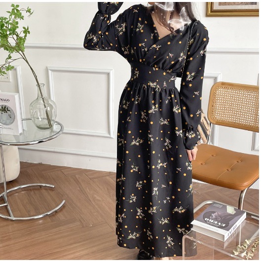 Maxi Dress FLORAL TIER import BUNGA HITAM OREN BULAT baju gamis import ala korea 1157