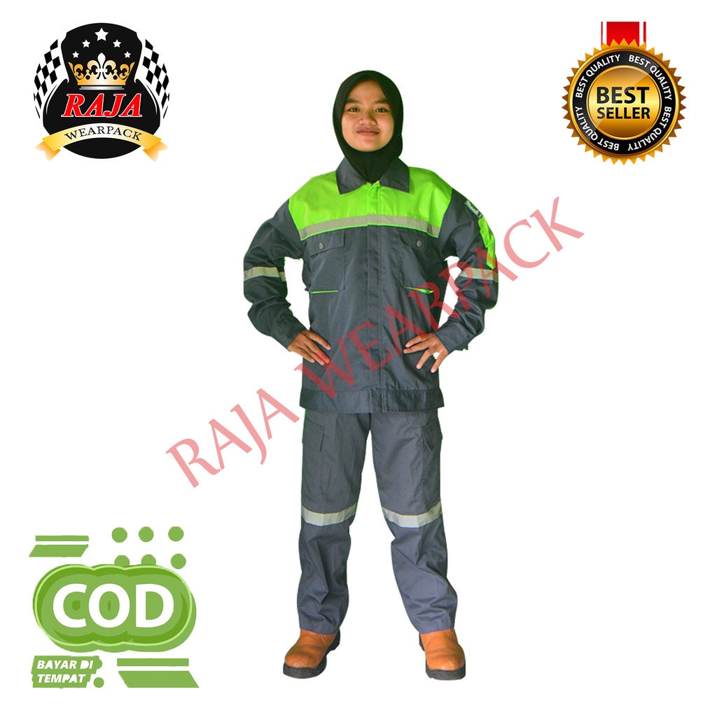 Kemeja Kerja Lapangan Seragam Kerja Pria Stelan Celana Warna Abu Tua Kombinasi Hijau Pupus