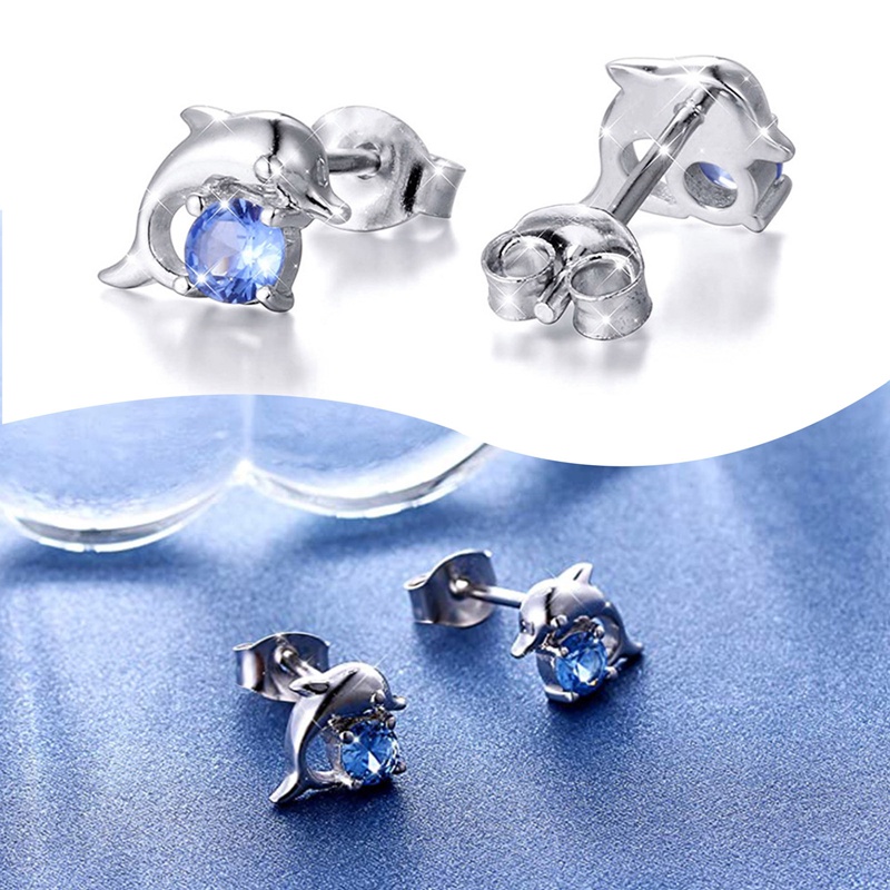 Anting Stud Desain Hewan Lumba-Lumba Warna Biru Laut Untuk Hadiah Ulang Tahun Wanita