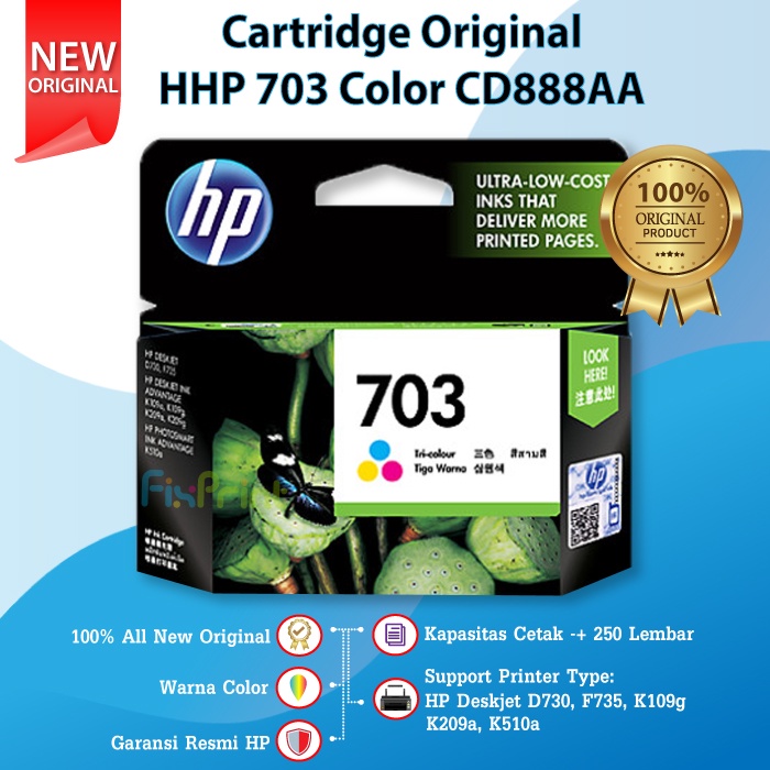 Cartridge Tinta Original HP 703 Tri-Colour Catridge CD888AA Katrid Printer Warna D730 F735 K209a