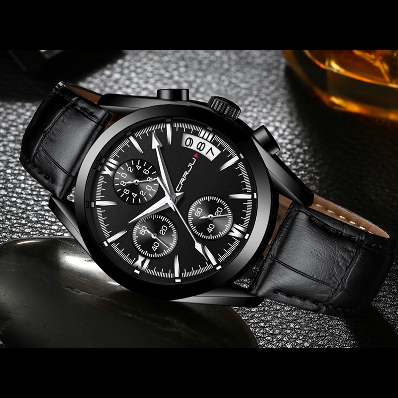 CRRJU Jam tangan pria Merek Teratas Kuarsa Jam Leather tahan air Sport Chronograph Watch Men