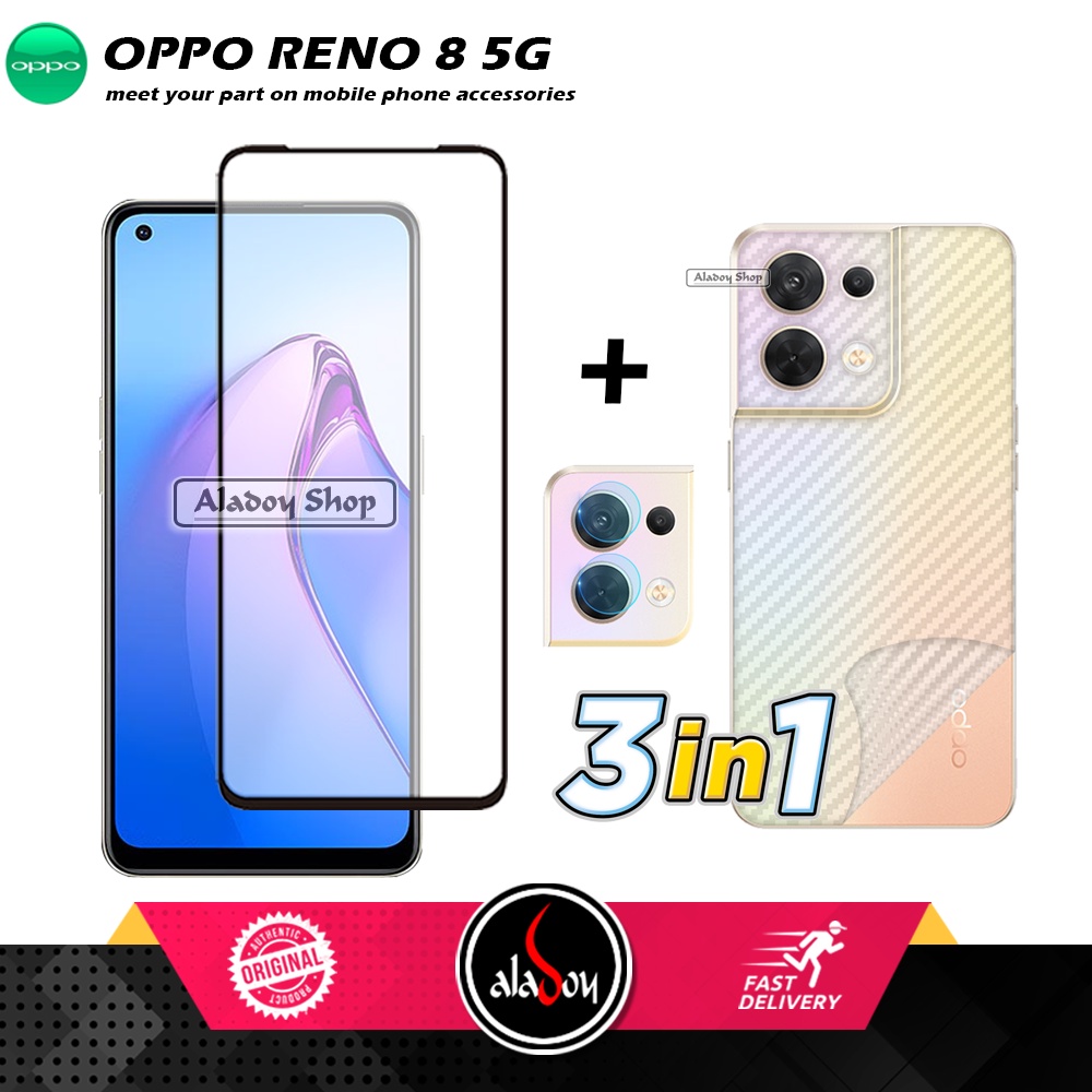 PAKET 3 IN 1 Tempered Glass Layar Oppo Reno 8 5G Free Tempered Glass Camera dan Skin Carbon