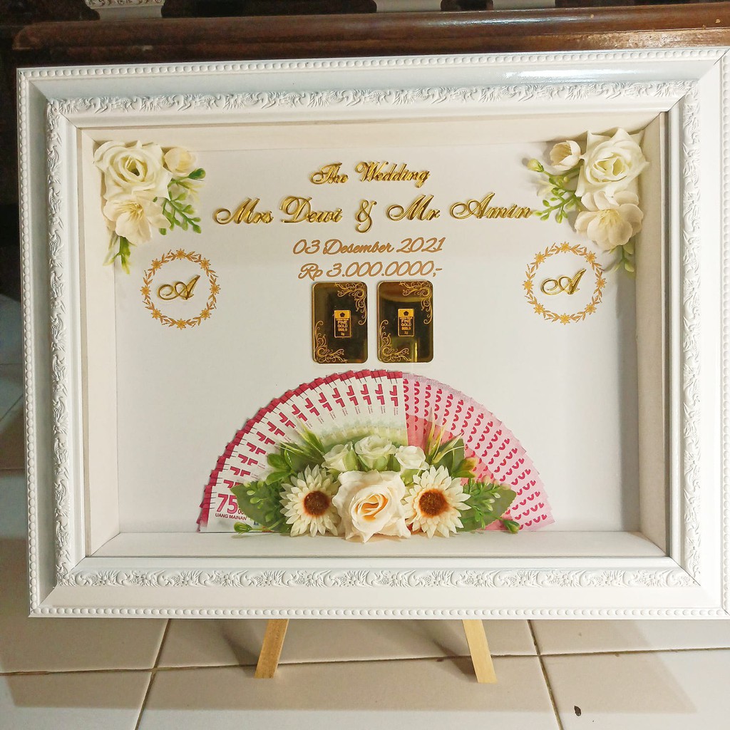 Mahar Rustic Akrilik Mirror Gold 30x40 / Mahar Uang dan Emas / Mahar Pigora Malang / Mahar Custom / 