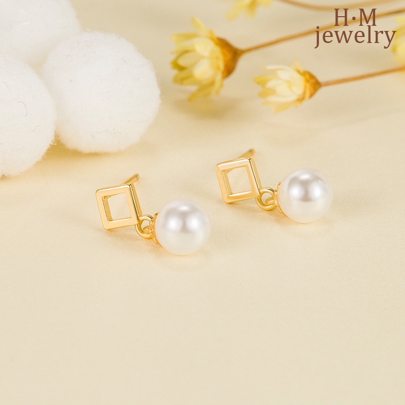 2022 Anting Tusuk Bentuk Kotak Geometri Aksen Mutiara Imitasi Gaya Vintage Untuk Wanita