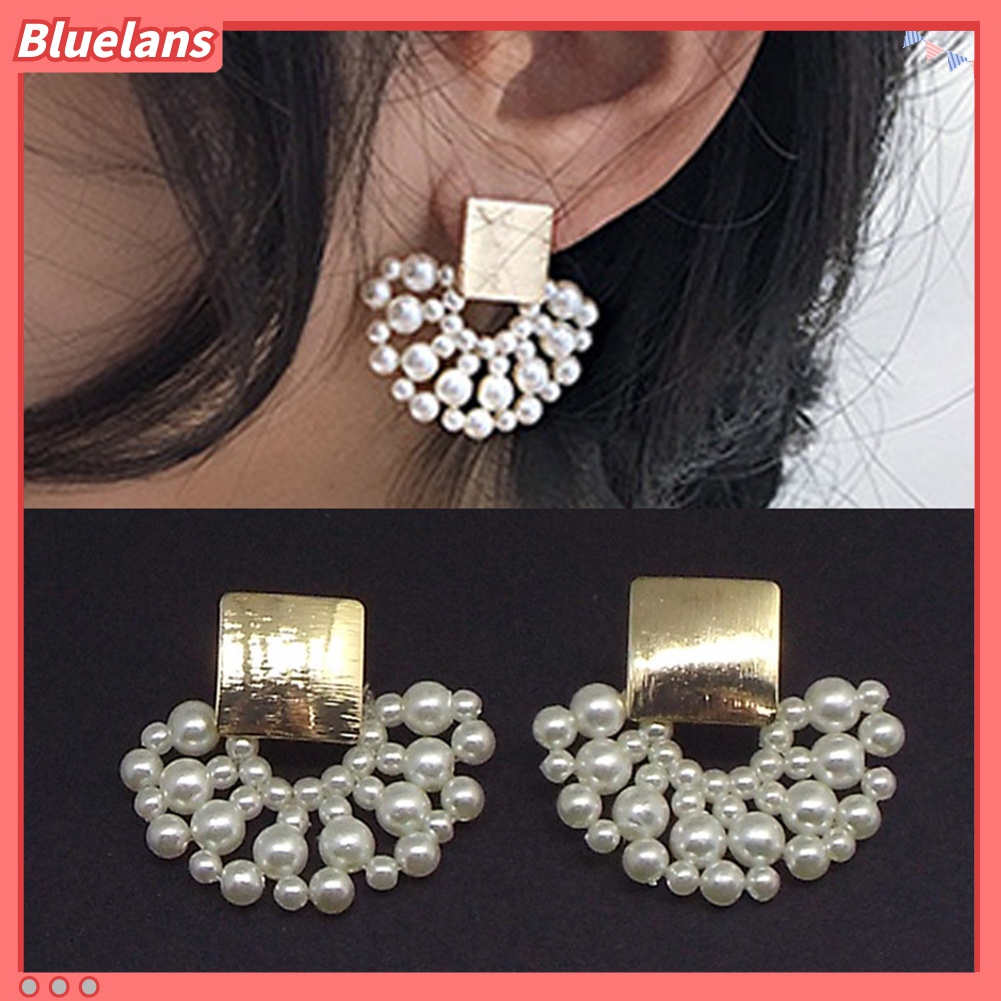 Anting Stud Liontin Mutiara Imitasi Bentuk Kipas Persegi Gaya Elegan Untuk Wanita