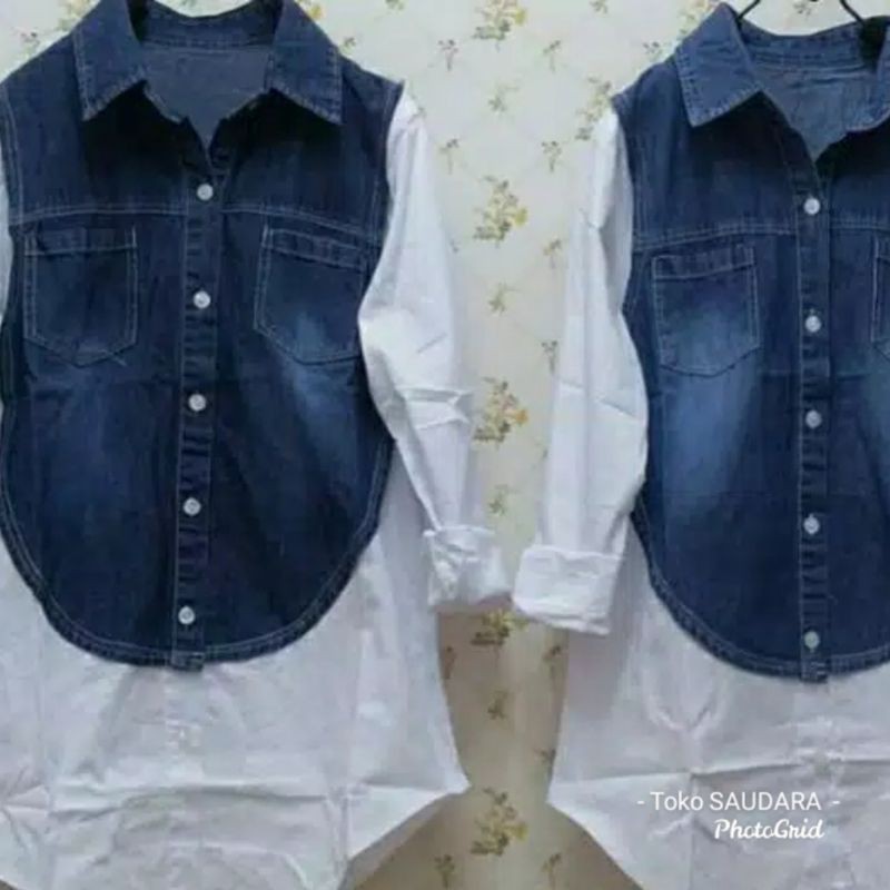 Kemeja putih mix jeans kantong dua