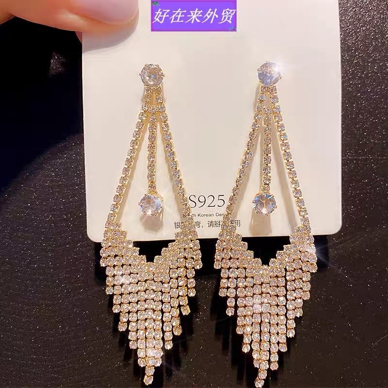 Anting（E215）anting Kiel Rumbai Imitasi Panjang Menjuntai Anting Elegan Berlian Imitasi Perhiasan Subang