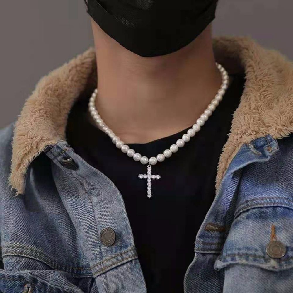 Kalung Rantai Klavikula Desain Salib Aksen Mutiara Berlian Imitasi Bahan Alloy Gaya Korea Untuk Unisex