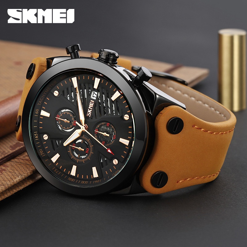 SKMEI 9282 Jam Tangan Pria Analog Chronograph Tali Kulit WATCHKITE WKOS