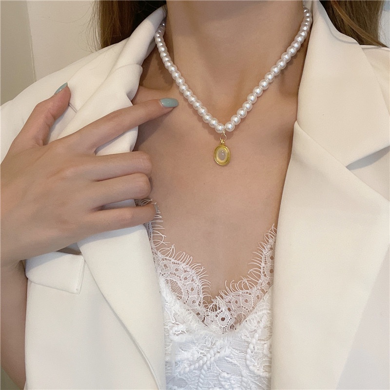 Jepang dan Korea manis super elegan kalung mutiara wanita Oval air drop klavikula rantai niche ins g