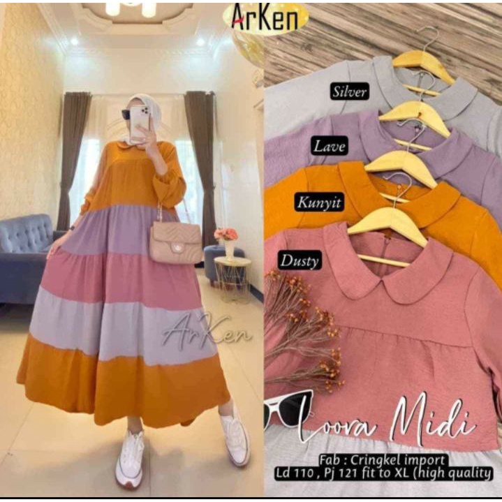 Gamis Loora Midi - Gamis Terbaru Rayon Premium Dress Wanita Pelangi Lengan Karet Maxi Dress Kekinian LD 110 cm