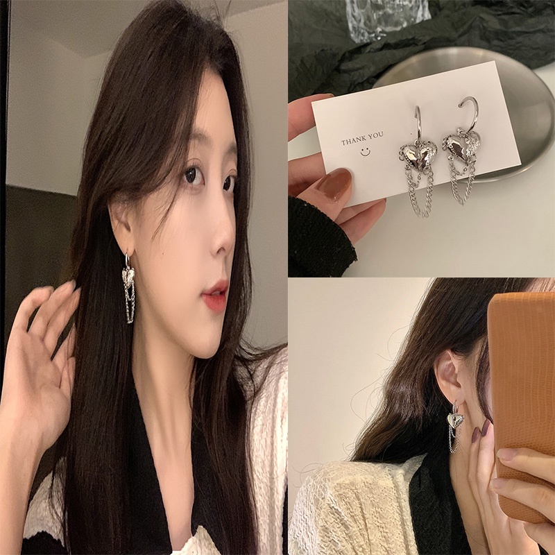 1 Pasang Anting Rantai Panjang Rumbai Desain Hati Bahan S925 Silver Needle Gaya Korea Untuk Wanita