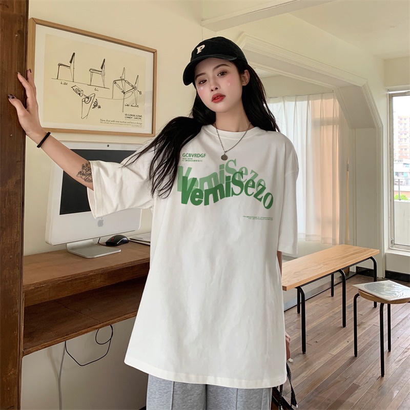 100% Katun Kaos Vintage Hitam Atasan Wanita Lengan Pendek Letter Oversize Printed T-shirt Baju Wanita Kekinian Korean Style/atasan wanita