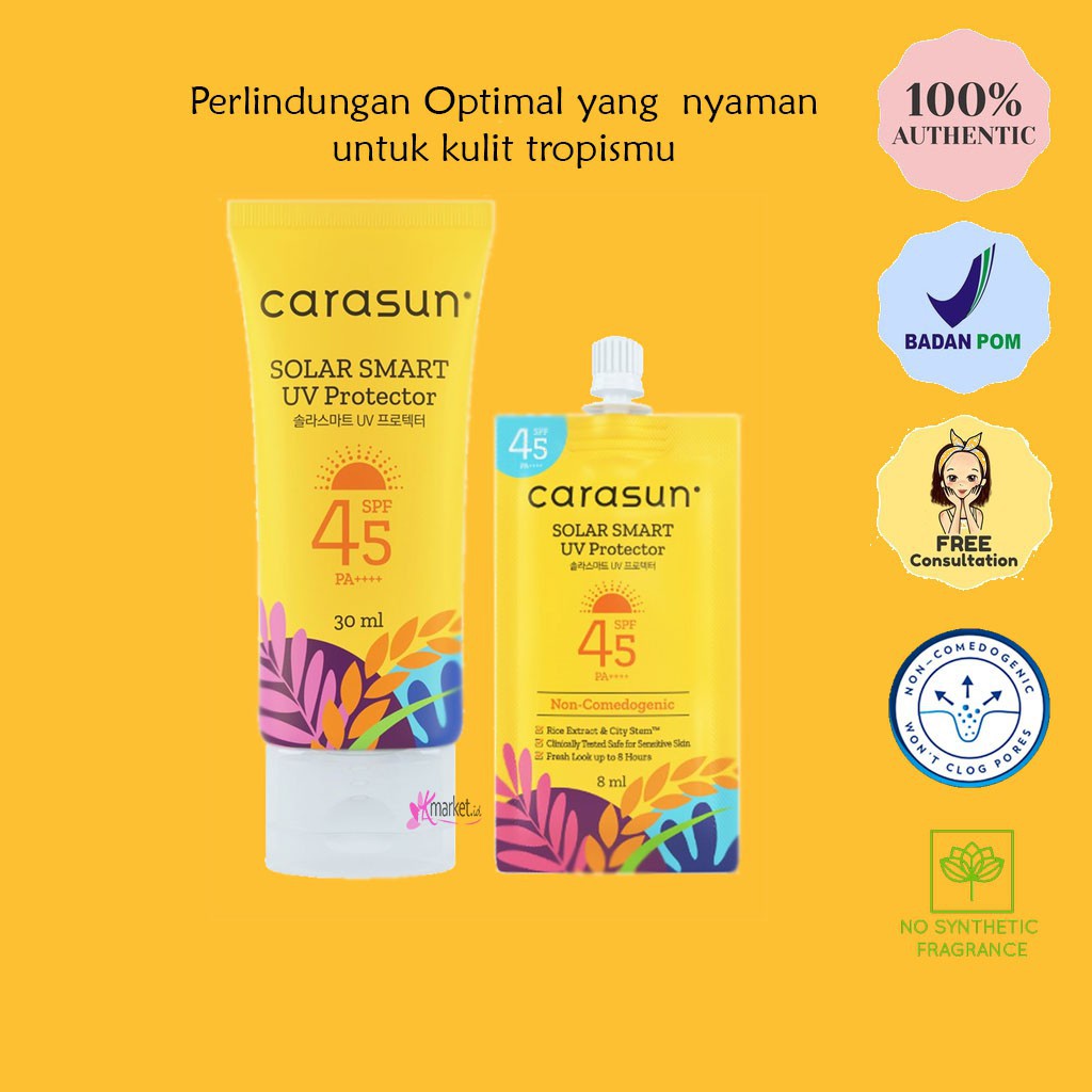 Carasun Solar Smart UV Protector SPF 45 PA++++ Sunscreen - Ukuran 30 ml (Sedang)  / 70 ml (Besar) / Sachet 8 ml (Travel) - BPOM Suncreen Sun Sunblok Sunblock Sun Blok Sun creen Suncren Sunscren Wajah