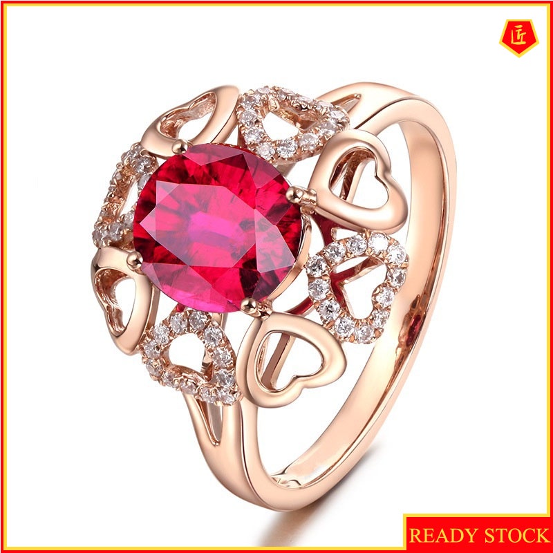 [Ready Stock]Inlaid Red Crystal Ruby Diamond Ring Fashion Elegant