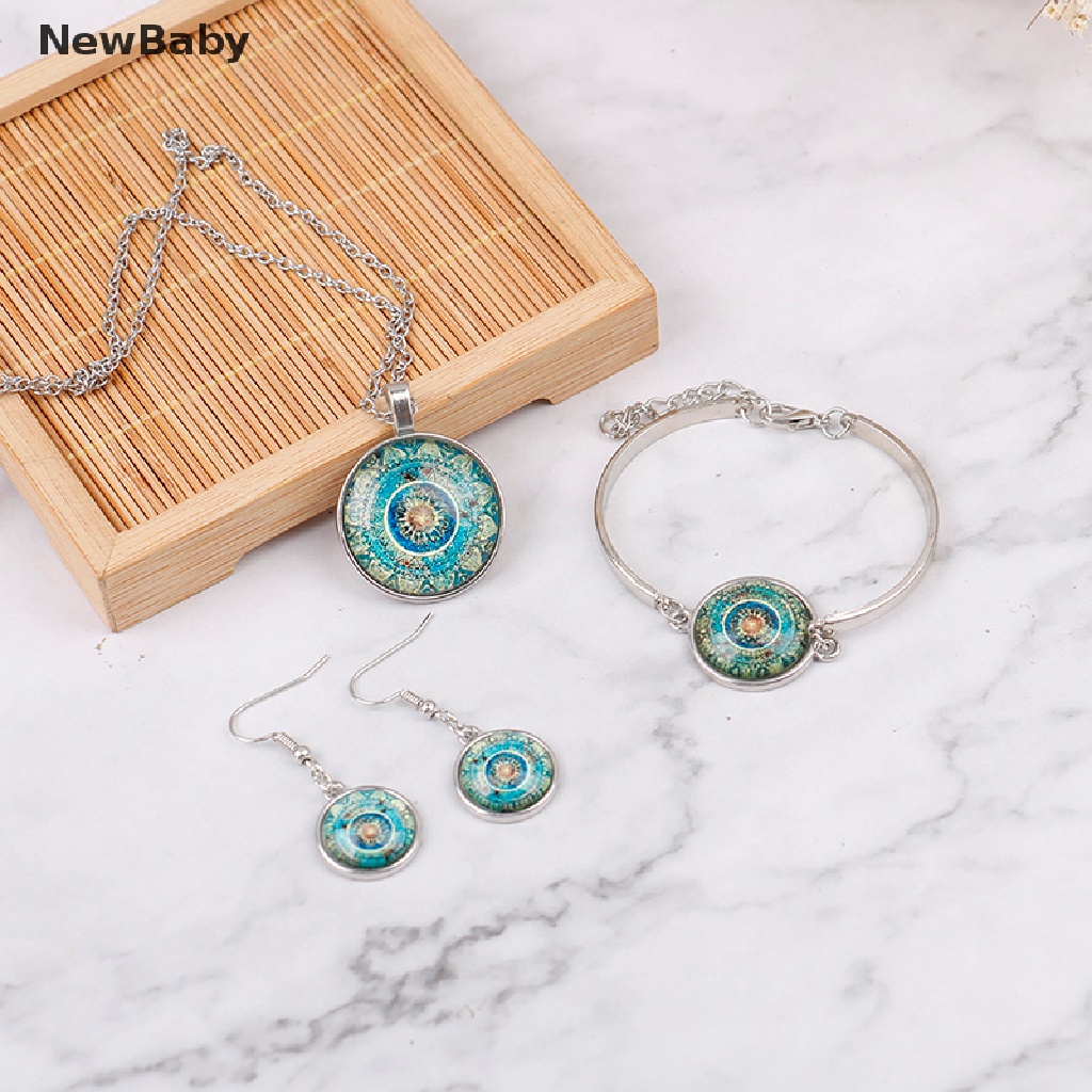 Newbaby Set Kalunggelang Tangananting Gantung Kaca Cabochon Motif Mandala India Untuk Wanita