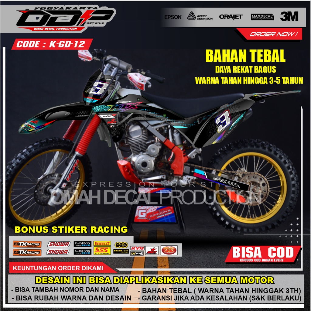 DECAL GORDON FULL BODY AKSESORIS VARIASI STICKER MOTOR KAWASAI KLX GORDONS DEKAL MOTIF SUPERMOTO STI