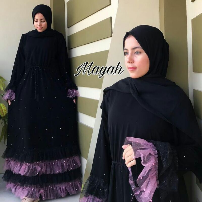 Abaya Mayah / Gamis Muslim Hitam Polos / Abaya Arab Jetblack Premium