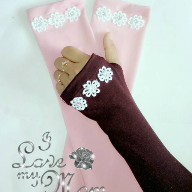 Handshock jempol FLOWERS DIAMON/ flowers putih aplikasi diamons/manset tangan muslim kekinian//