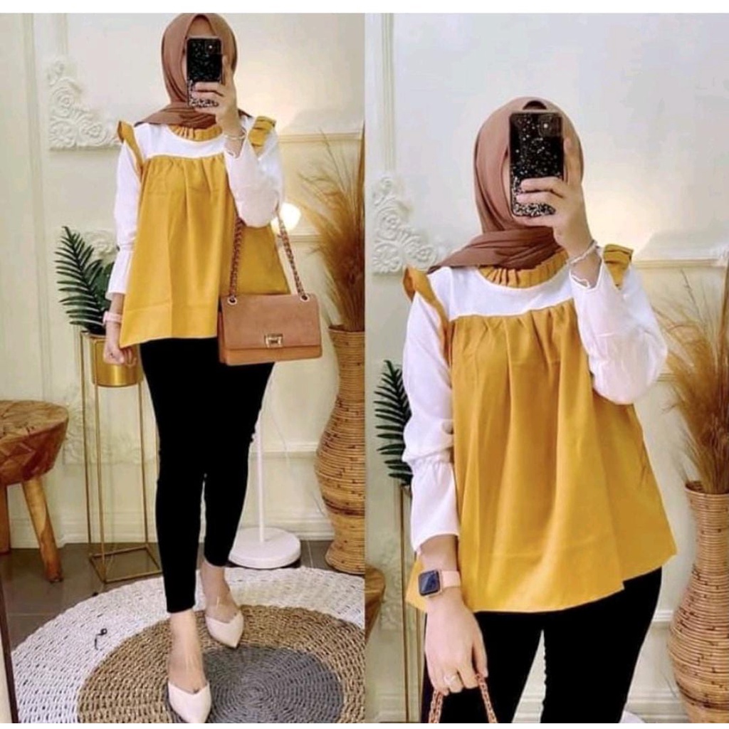 Julie Top Blouse Wanita Lengan Panjang Kombinasi Polos Baju Atasan Wanita Terbaru Fashion Wanita Kekinian