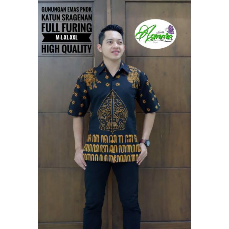 Hem Batik Lengan Pendek Pria Batik Pria Hitam Lengan Pendek GUNUNGAN EMAS PENDEK