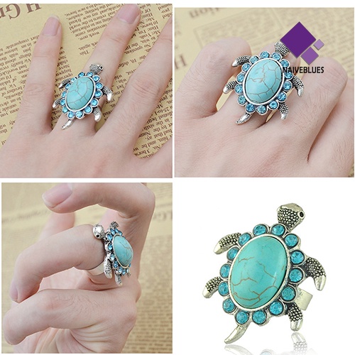 Naiveblue &gt; Cincin Motif Kura-Kura Aksen Turquoise + Berlian Imitasi Untuk Perhiasan Wanita