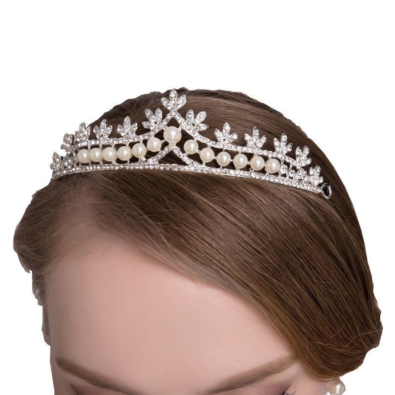 Set Mahkota + Tiara Elegan dengan Kristal + Mutiara untuk Pernikahan