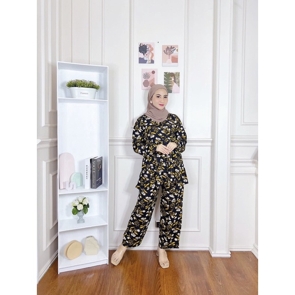 pajamas setcel Oneset Kanaya setelan wanita motif bunga