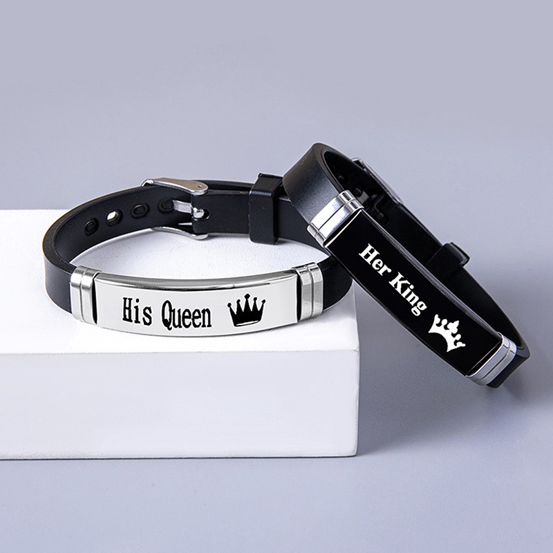 Fancyqube Gelang Pasangan Desain Mahkota Her King His Queen Bahan Silikon Untuk Unisex