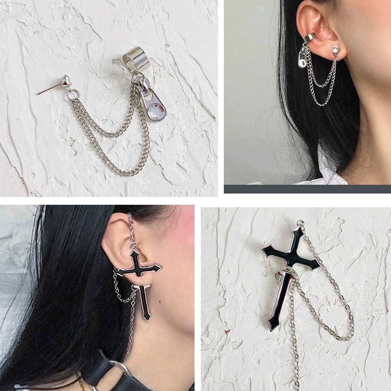 19144Korean personality cross hanging earrings，Chain zipper wild earrings fashion ear bone clip