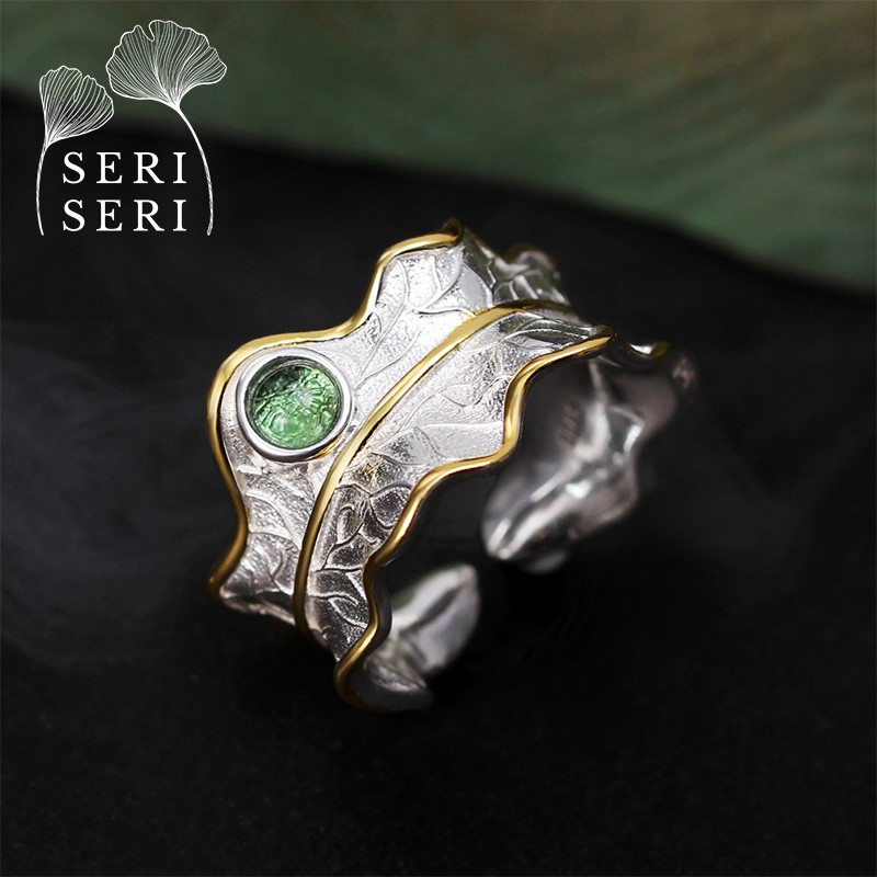 SERI SERI Cincin Wanita Perak 925 Asli Tourmaline Leaf Sterling Silver Adjustable Ring Daun Kadaka