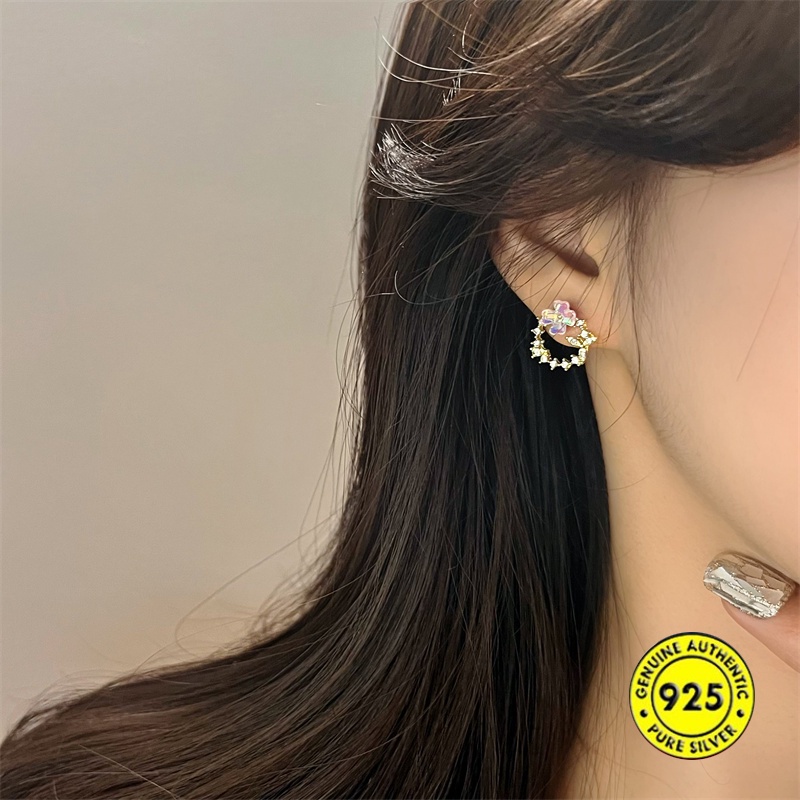 Anting Tusuk Sterling Silver Desain Bunga Hias Zircon AAA Gaya Korea Untuk Wanita