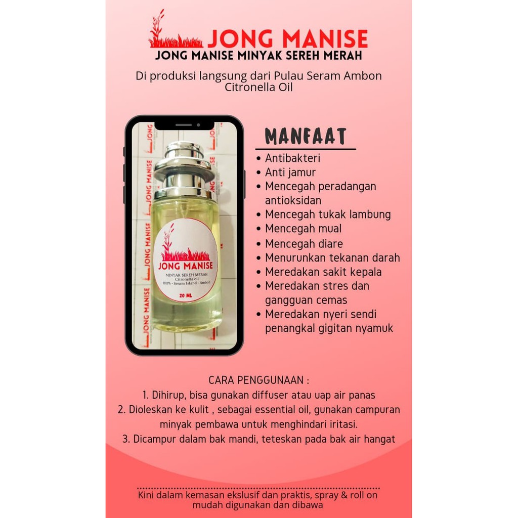 JONG MANISE SPRAY 20ml Minyak Sereh Merah (Citronella Oil) Ambon