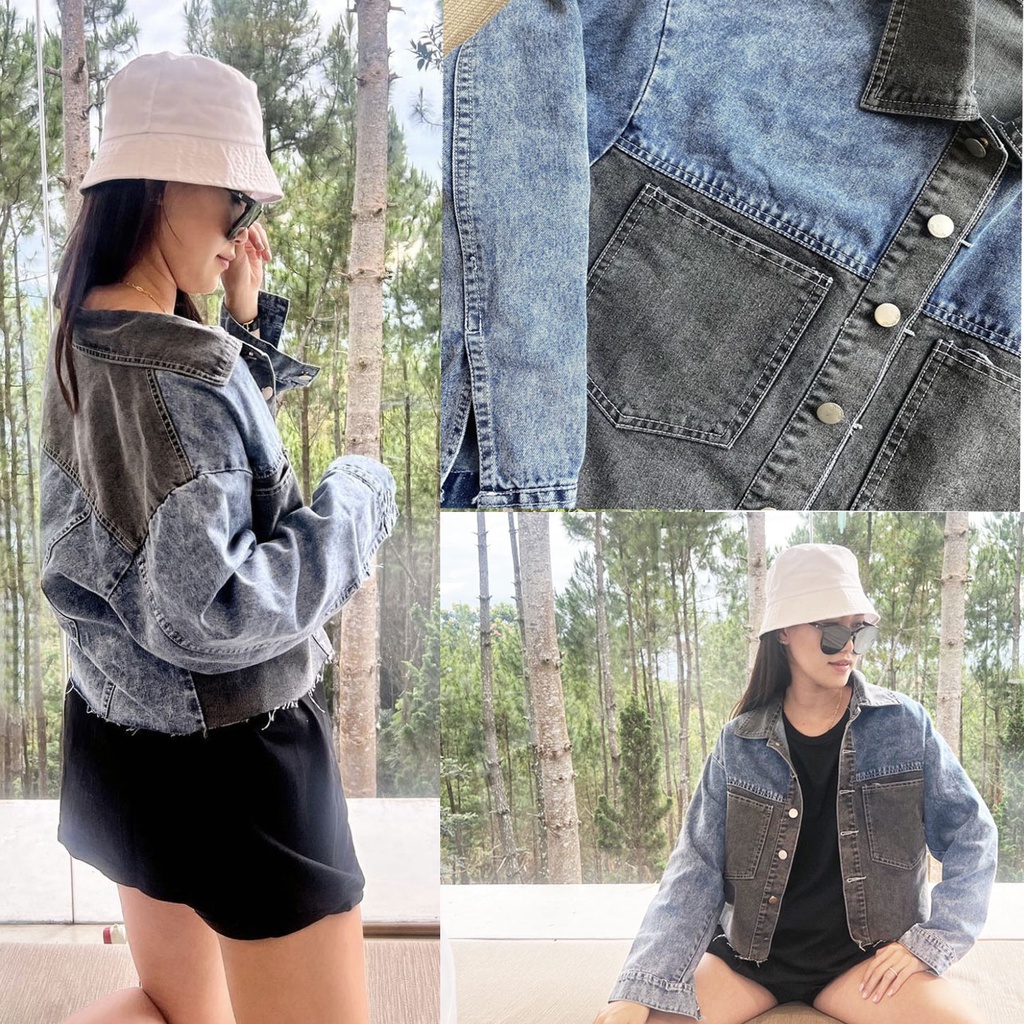 HOPYLOVY Jaket Jeans Wanita Crop Oversize Unfinished Kantong Depan Meirani