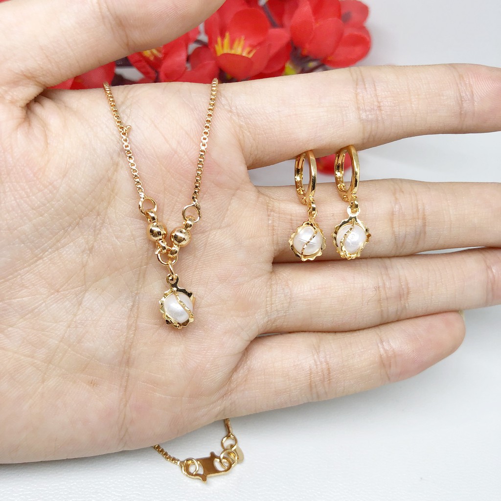 Set Kalung  Anting Anak  Xuping Mutiara Lilit Lapis Emas 