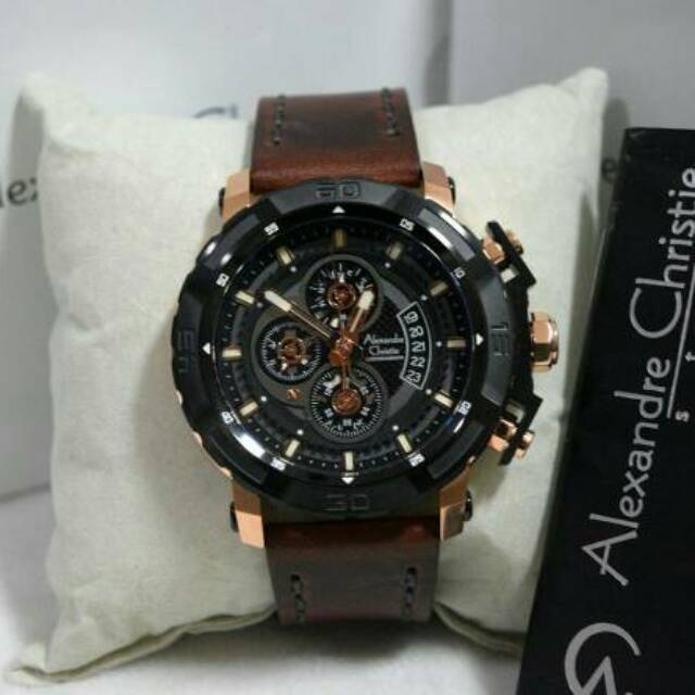 Jam Tangan Alexander Christie AC 6439 Men Black Rosegold Tali Kulit Coklat Mesin Baterai Original